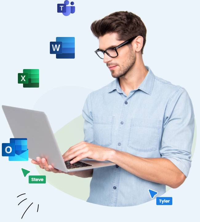 Homme sur ordinateur portable avec des icônes MS Office flottant autour de lui